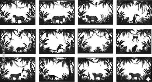 Twelve jungle silhouette scenes featuring leopards, monkeys, toucans, parrots, palm trees, vines, and tropical vegetation in artistic black-and-white