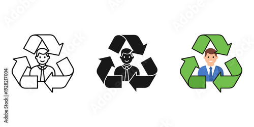 Three recycling symbols with worker illustrations in different styles and colors against a white
