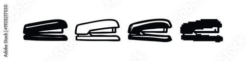 Side view stapler icon set featuring solid, outlined, textured, and pixel art designs, ideal for office supplies.