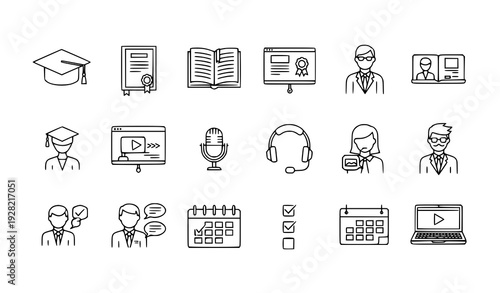A set of minimalist line art icons representing online education and learning