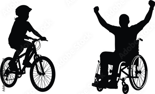 Child riding bicycle and disabled man in wheelchair celebrating victory silhouettes isolated vector illustration