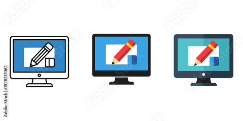 Three computer monitors displaying graphic design software with pencil icons in various design