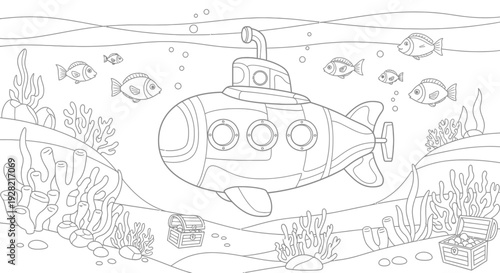 Underwater Adventure Submarine Exploration in Deep Sea Coral Reef Environment