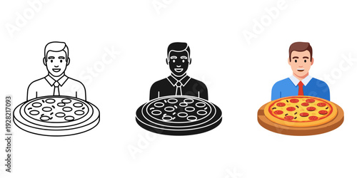 Three men holding pizzas in various illustration styles against white background
