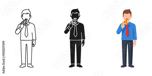 Three businessmen in different styles drinking coffee or tea from cups standing against a white