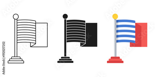 Three flags on poles with different designs and colors standing upright