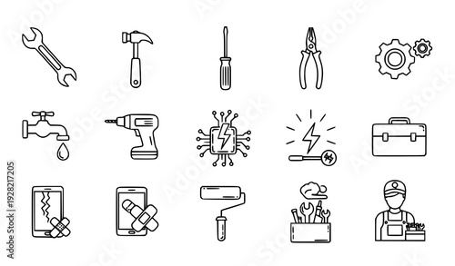 A set of line art icons depicting various tools and equipment for repair and maintenance work