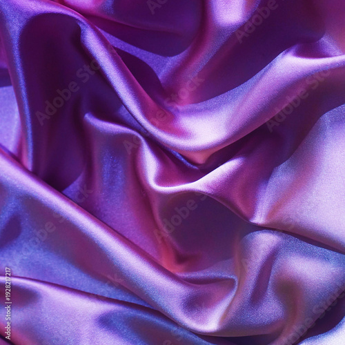 Blue purple pink silk fabric. Elegant luxury background. Violet fuchsia lilac plum. Soft fold crease drapery wave fluid curve line. Bright shiny iridescent shimmer sheen. Blank. Design. Advertising.