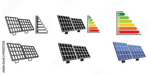 Solar panels and energy efficiency ratings on white background