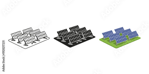 Solar panel farm illustrations in different design styles on white background