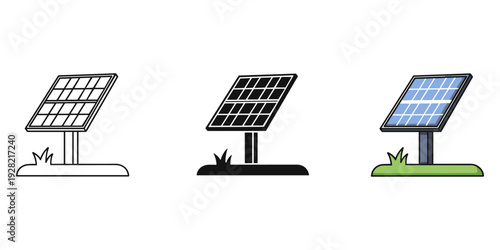 Three solar panels in different styles on white background with grass