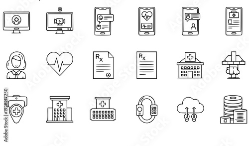 A set of medical icons in a flat line art style