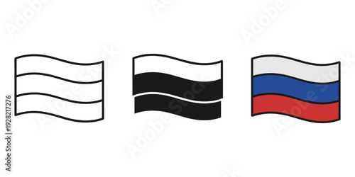 Three waving flags with different color schemes on white background patriotic symbols