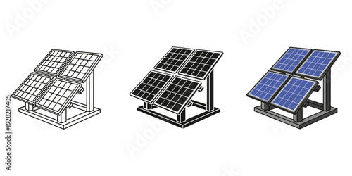 Solar panel installation stages from line art to realistic 3d rendering on white background