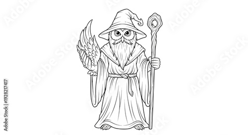 Whimsical Wizard Owl Fantasy Magical Creature Illustration