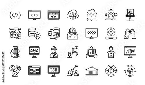 A collection of black and white line art icons representing various aspects of technology and software development