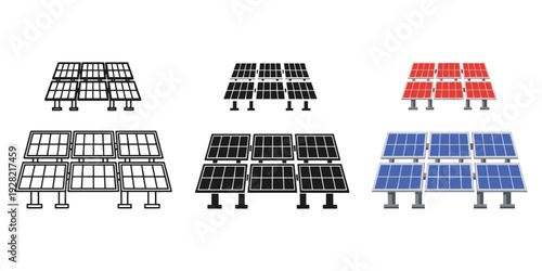 Solar panel arrays in various colors and configurations outdoors