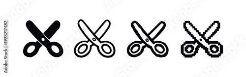 Scissors icon set displaying solid, outline, textured, and pixel art styles, representing cutting and craft tools.