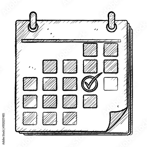 Hand-drawn calendar icon with checkmark on a specific date for planning and scheduling