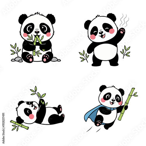 Cute Baby Panda Character Set Eating Bamboo and Waving
