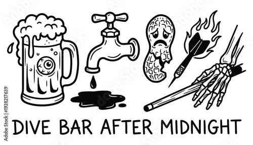 Dive Bar After Midnight Quirky Illustration Set