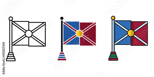 Three flag illustrations with different color schemes and designs on poles