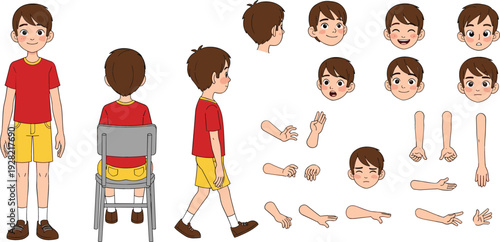 Cute Cartoon Boy Character Creation Set Vector Illustration with Different Poses, Facial Expressions, Hands and Animation Design Elements