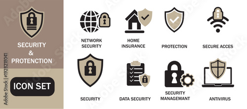 Security and protection icon set. Featuring icons for cybersecurity, data protection, authentication, firewall, antivirus, access control, identity security. Vector illustration.
