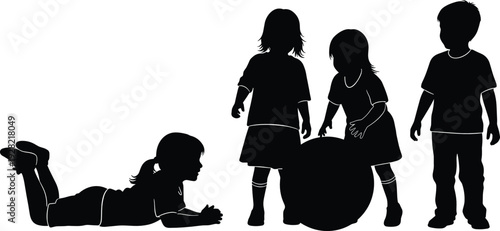Children playing together silhouettes with kids rolling and sitting around ball isolated on white background vector illustration