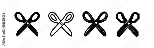 Closed scissors icon set with solid, outline, textured, and pixel art designs, representing cutting and design elements.