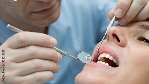 Dentist examining woman's teeth during oral check-up in clinic  