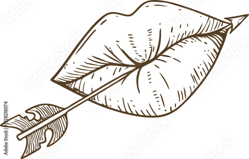Hand drawn lips pierced by arrow illustration love, romance, and passion symbol in vintage sketch