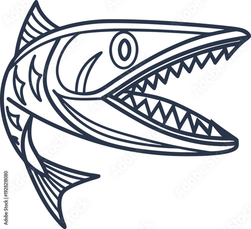Fierce piranha fish illustration with open jaw and sharp teeth, detailed line art, aquatic predator design