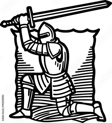 Knight in shining armor kneeling with raised sword in medieval battle pose