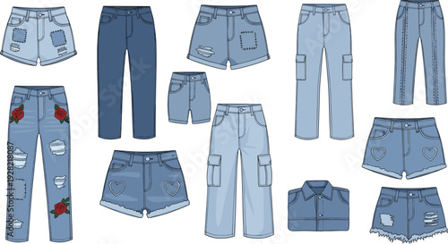 Set of trendy denim fashion vector illustrations with distressed jeans cargo pants shorts and shirts isolated on white background for clothing design