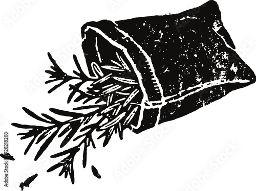 Sprigs of fresh herbs spilling out of a small cloth bag for seasoning and cooking use