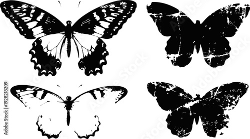 black and white butterfly silhouettes collection with detailed and grunge wings isolated set