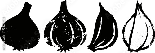 black and white garlic illustrations four stylized garlic bulbs in vintage grunge