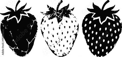 Set of three stylized strawberry silhouettes different grunge and dotted texture patterns in black and white isolated on white background
