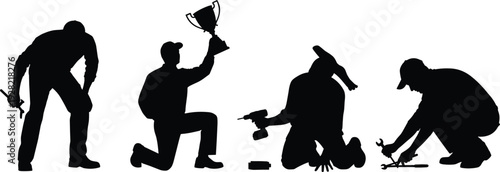 Construction Worker Silhouettes Set with Builder Using Tools and Holding Trophy Achievement Vector Illustration