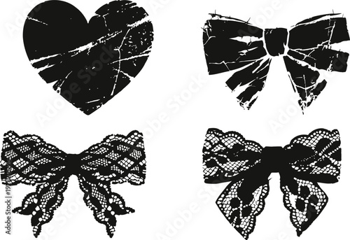 Set of four vintage grunge black lace bows and heart silhouettes with distressed texture