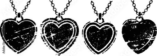 Grunge heart shaped pendants on chains, distressed vintage jewelry design elements