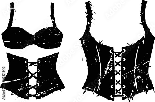 Vintage black corsets silhouette set, female lingerie with lace up front design, grunge fashion elements