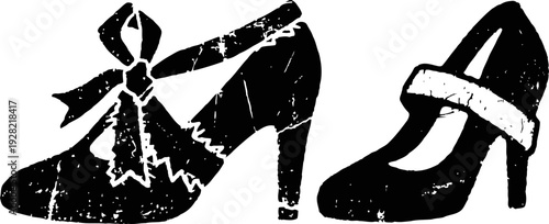 vintage women's high heel shoes with bows and mary jane strap in distressed