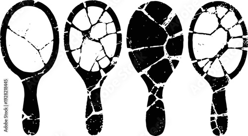 Four cracked vintage hand mirrors silhouette set broken glass reflection, antique style, retro woman accessory collection