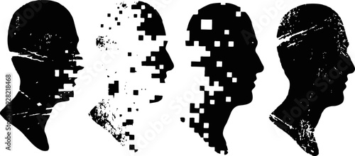 digital transformation of human head silhouettes dissolving into pixels and data particles concept