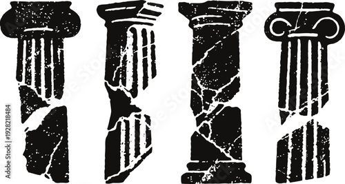 ancient greek column silhouettes set with four different classical styles and weathered texture