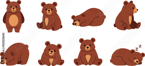 Cute brown bear cartoon vector set with various character poses including sitting standing sleeping and lounging isolated on white background for kids