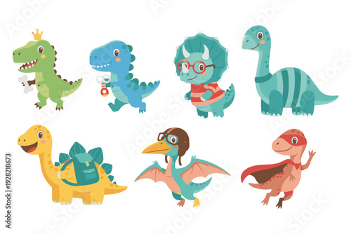 Icon set. Character set of cute dinosaurs wearing costumes with various species, various poses and facial expressions. Dinosaur mascot style vector cartoon.