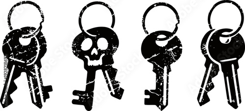 old vintage keys on keyrings grunge black silhouettes symbol of security, access and mystery